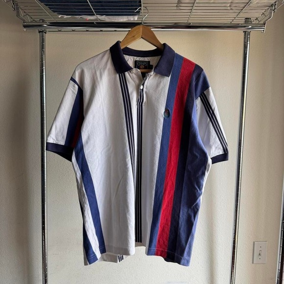 Vintage Chaps Ralph Lauren White and Blue Striped Polo Button Up with Logo Shirt - Picture 1 of 8